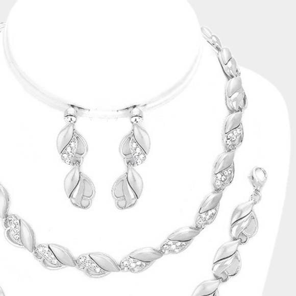 Silver 3 Piece Marquise Crystal Necklace Jewelry Set Formal Fashion Statement - Picture 3 of 3